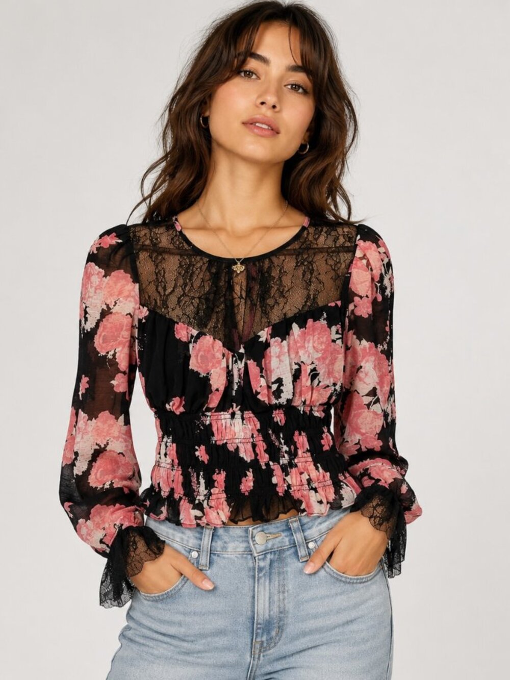 Free People Intimately Black Pink Floral Lace Sheer Peplum Top NWT Sz S Babydoll